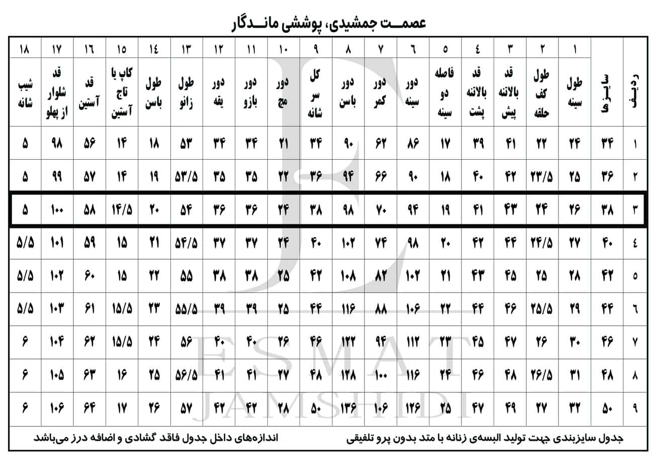 جدول سایز بندی لباس